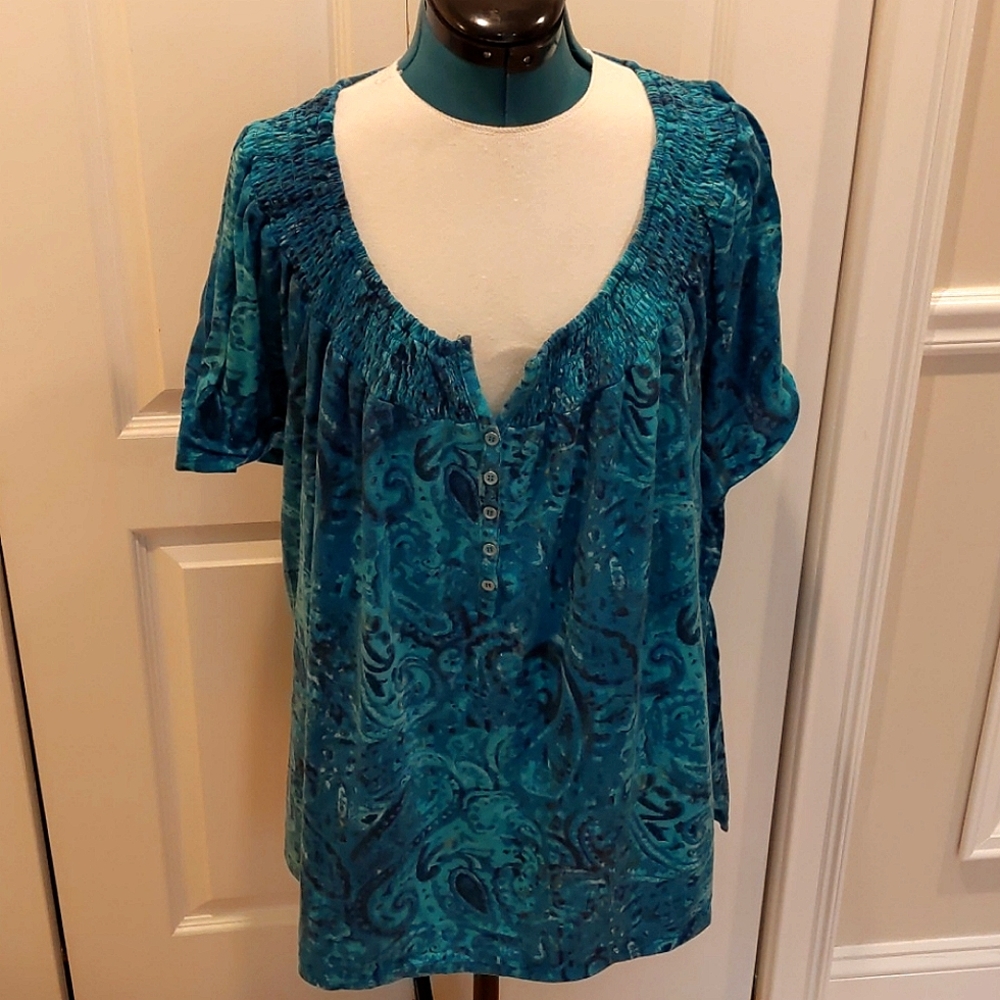 Teal Paisley Ruched Collar Tee XL